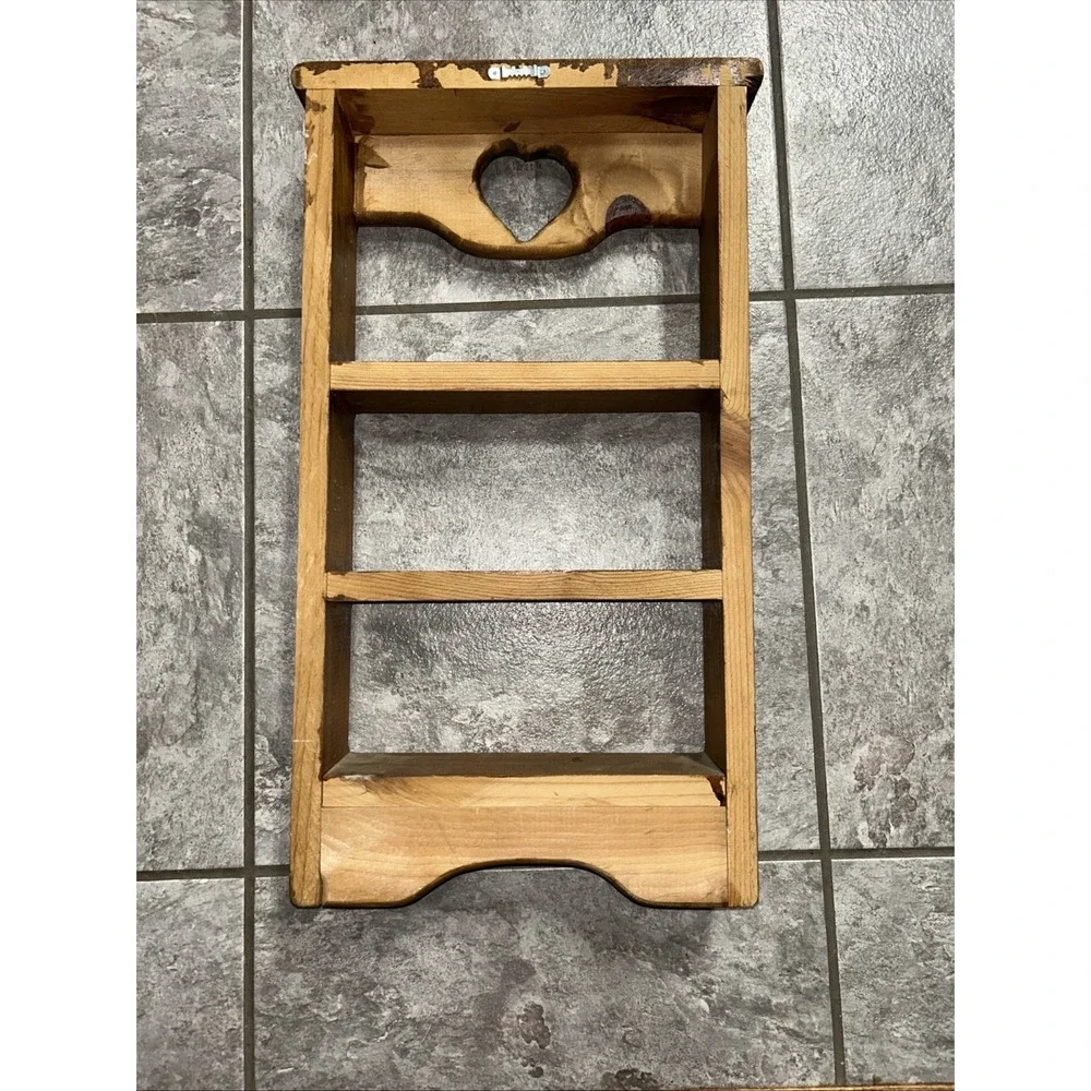 Vintage Wooden Three Tiered Wall Shelf Heart Cutout Handmade Country Decor